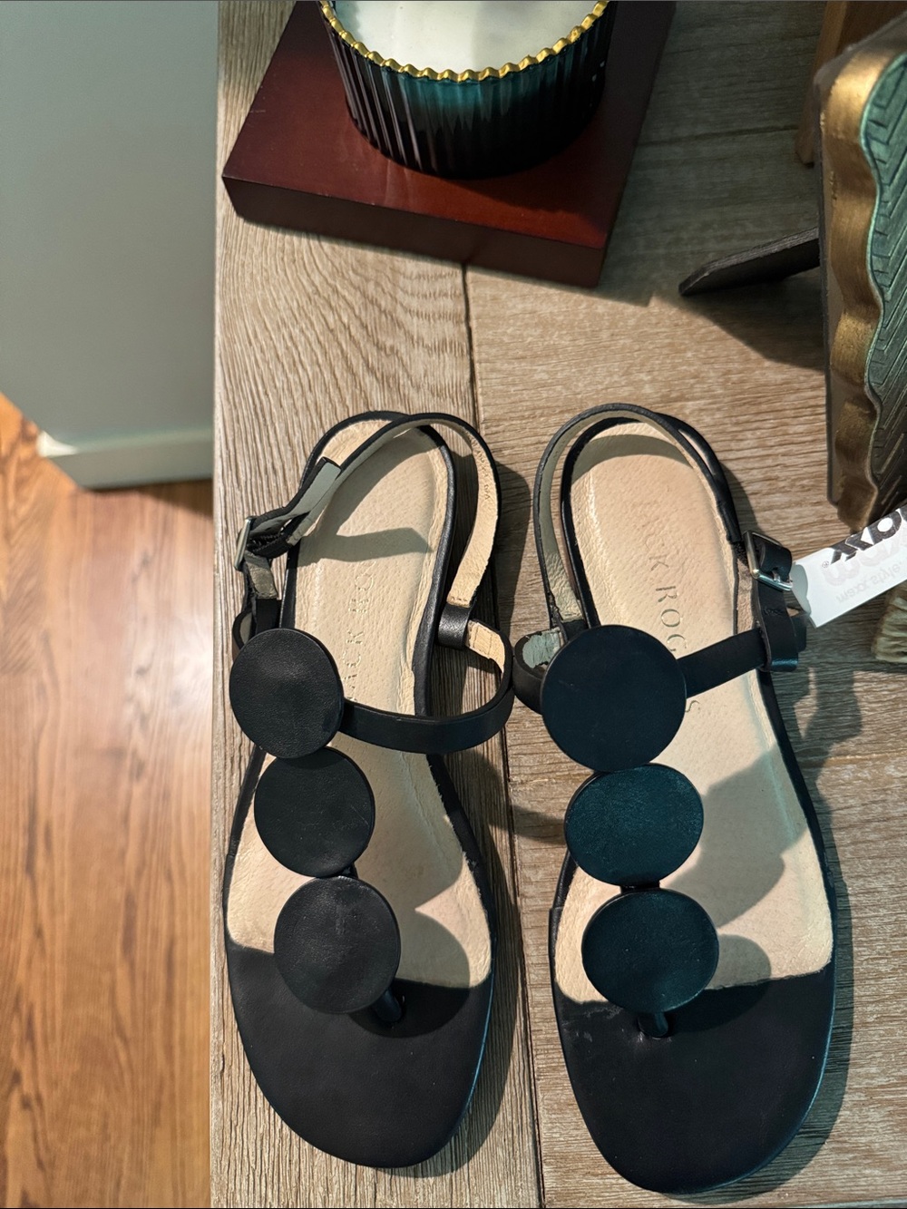 Jack Rogers Black Leather T-Strap Sandals with Round Accents